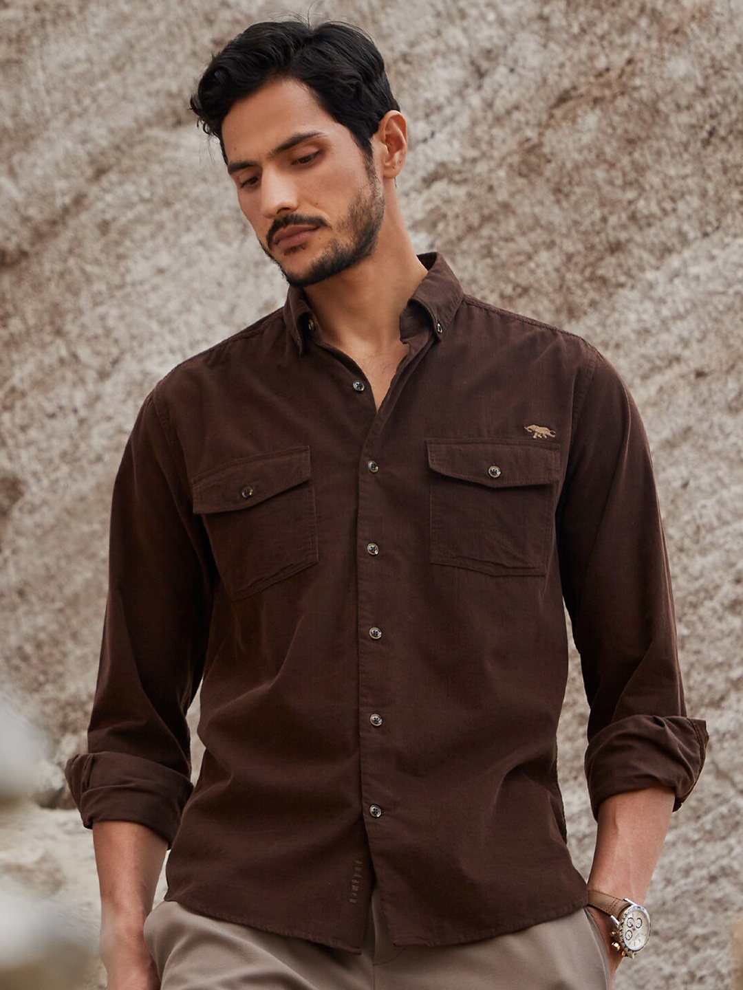 

Andamen Men Brown Classic Casual Cotton Shirt