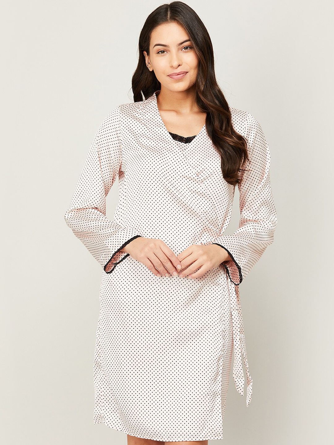 

Ginger by Lifestyle Women Pink & Black Polka Dots Printed Robe