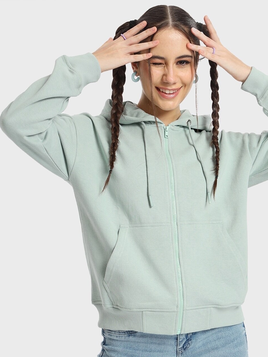 

Bewakoof Plus Women Green Hooded Fleece Sweatshirt