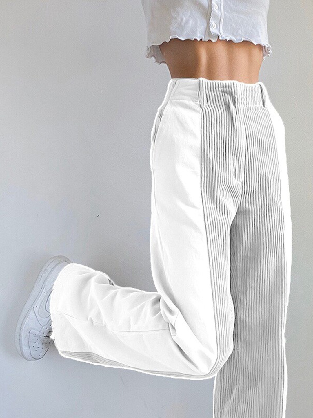 

BoStreet Women Striped Casual Cotton Trousers, White