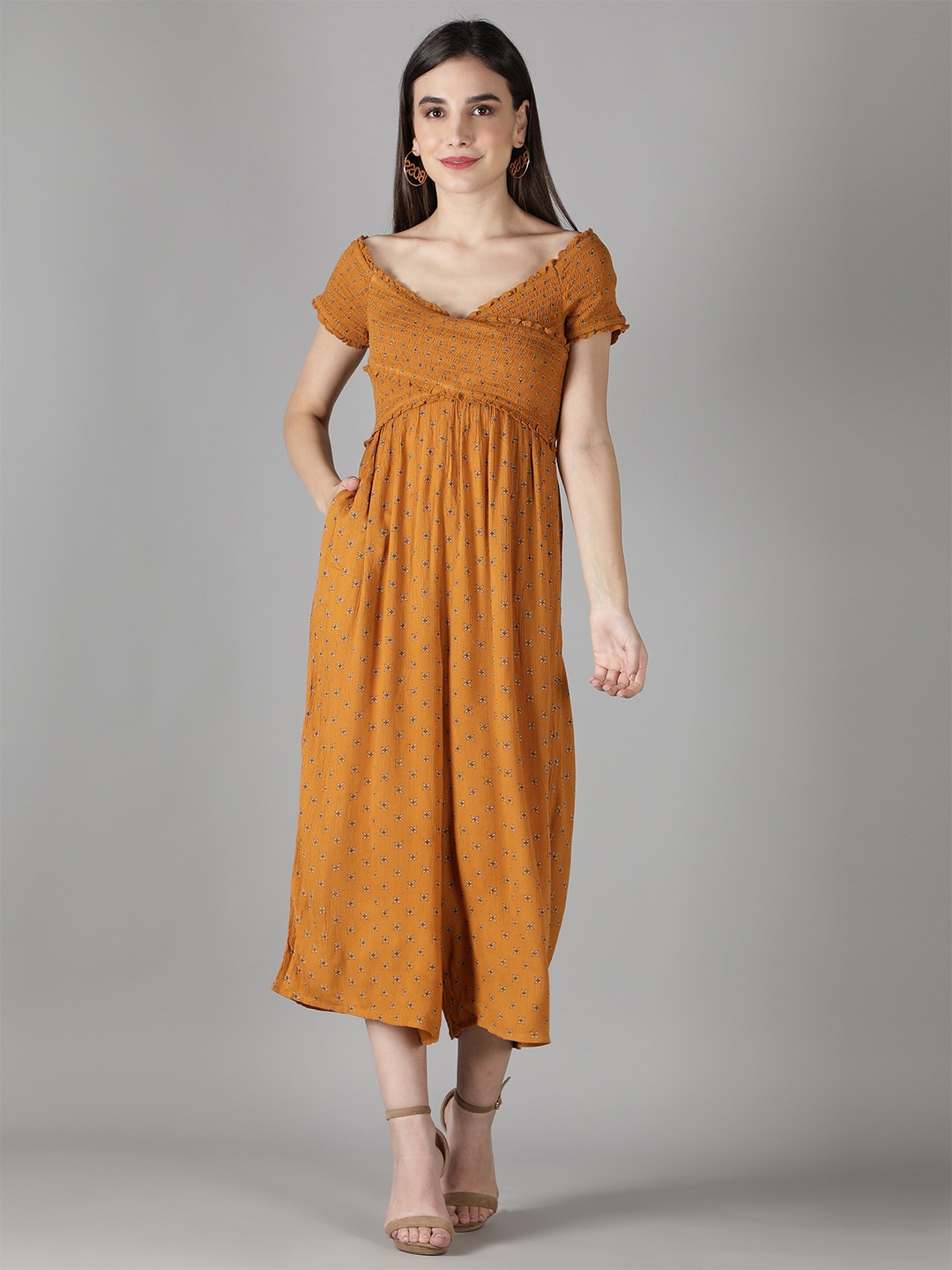 

DEBONATELLA Women Mustard & White Printed Capri Jumpsuit
