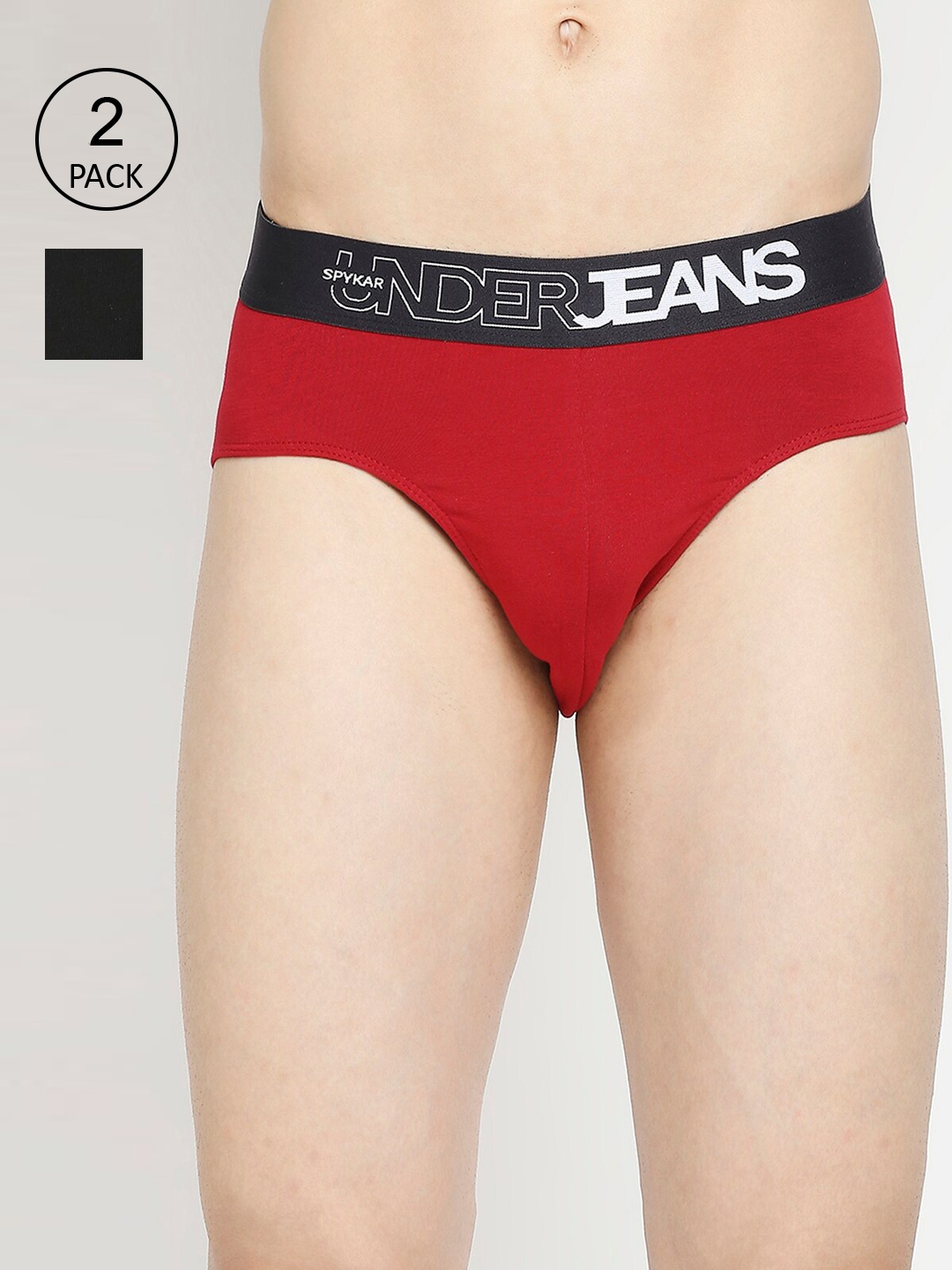 

UnderJeans by Spykar Men Black & Maroon Pack Of 2 Solid Basic Briefs