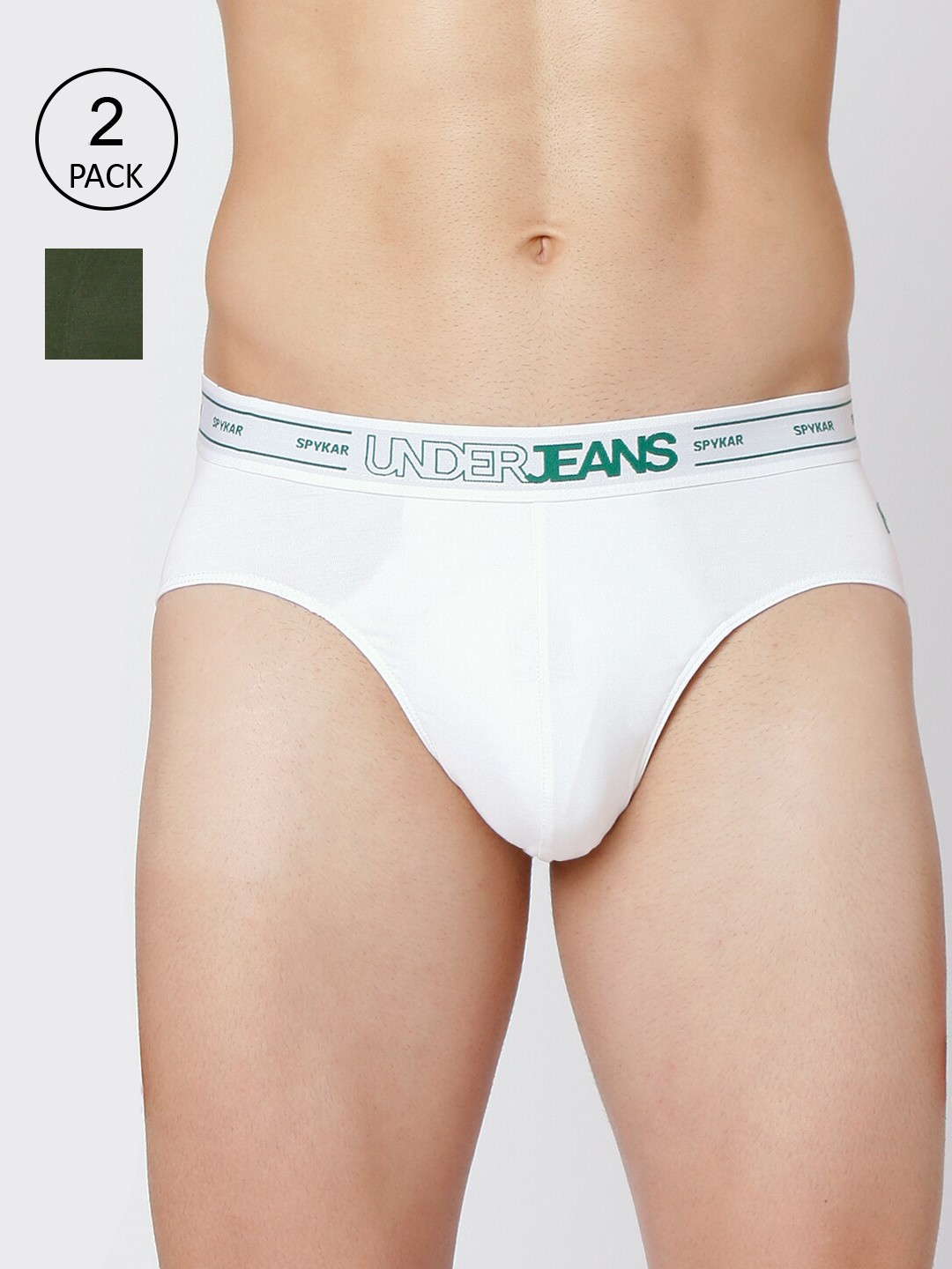 

UnderJeans by Spykar Men Olive Green & White Pack of 2 Solid Basic Briefs