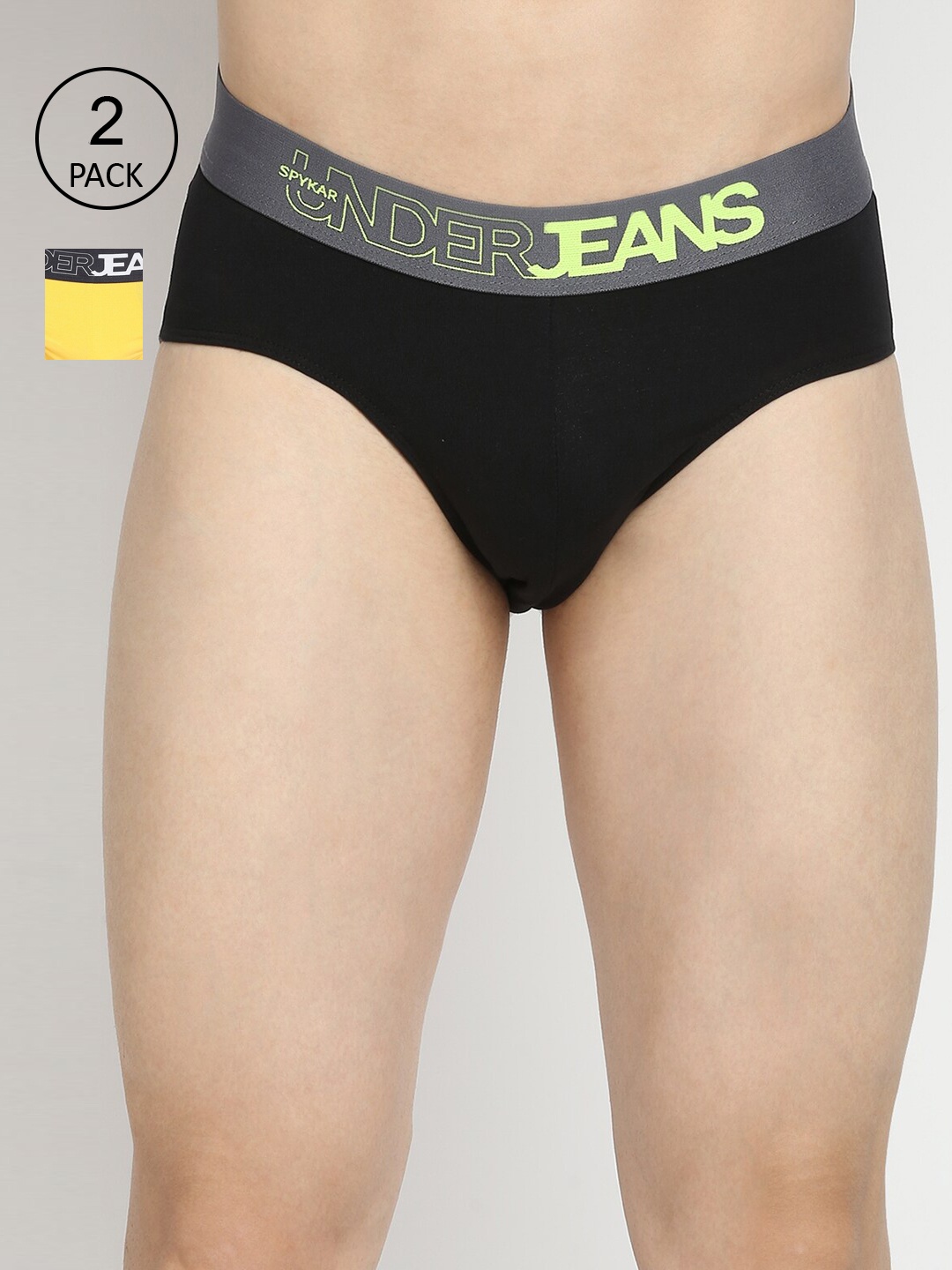 

UnderJeans by Spykar Men Black & Yellow Pack of 2 Solid Basic Briefs