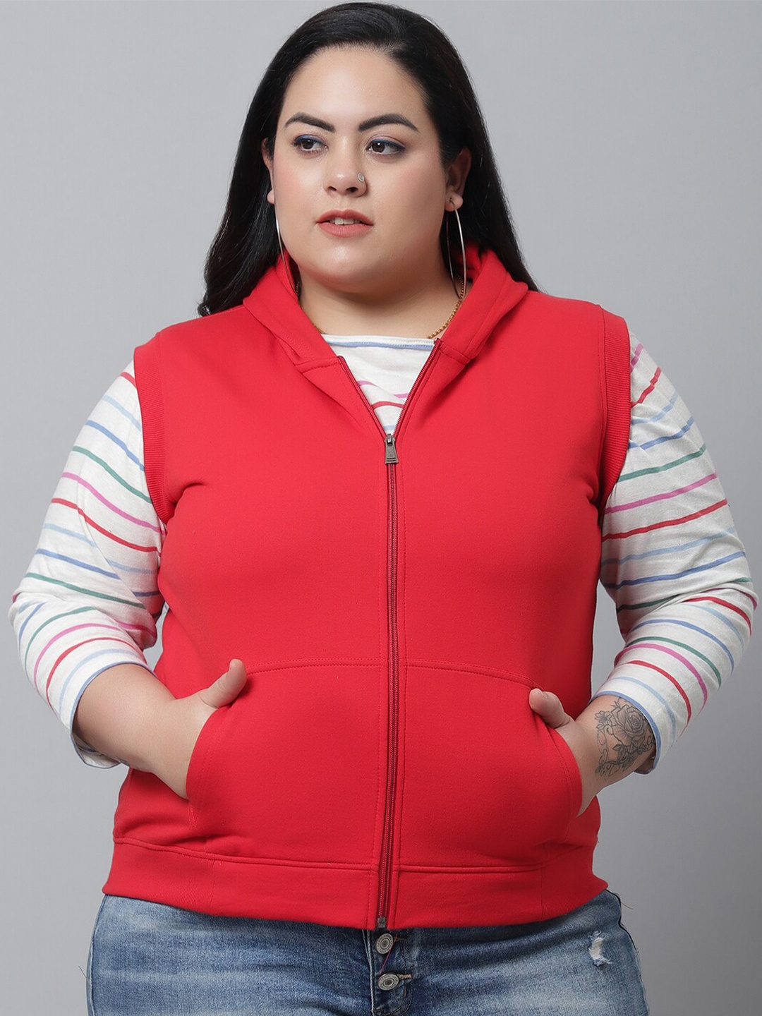 

UnaOne Women Plus Size Red Hooded Sweatshirt