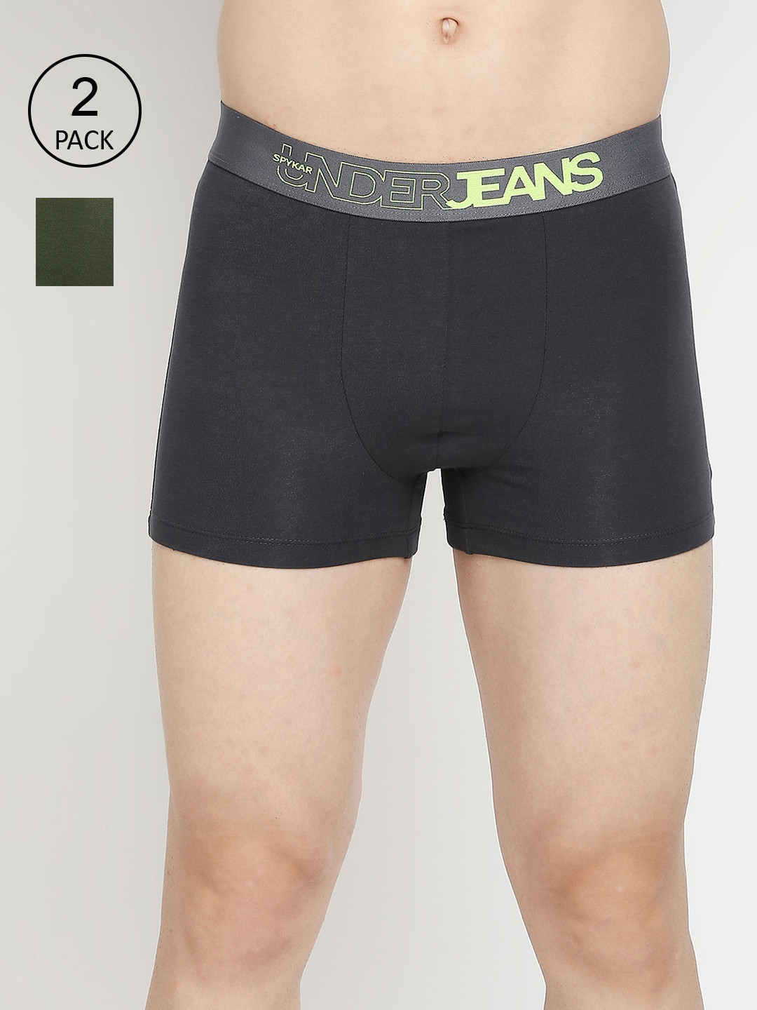 

UnderJeans by Spykar Men Grey & Olive Green Pack Of 2 Solid Trunks