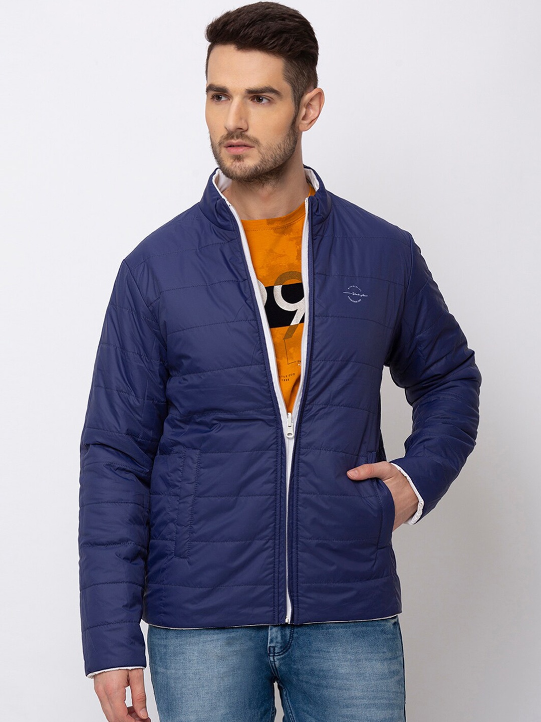 

Status Quo Men Navy Blue White Padded Regular Fit Reversible Jacket