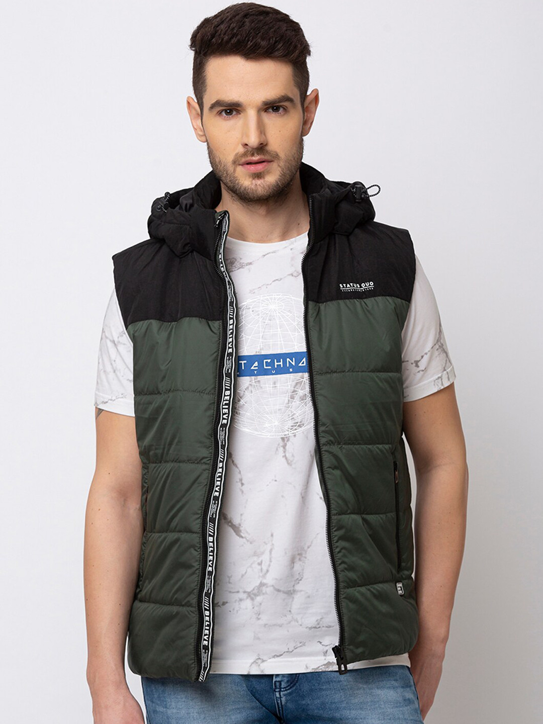 

Status Quo Men Olive Green Black Colourblocked Padded Reversible Jacket