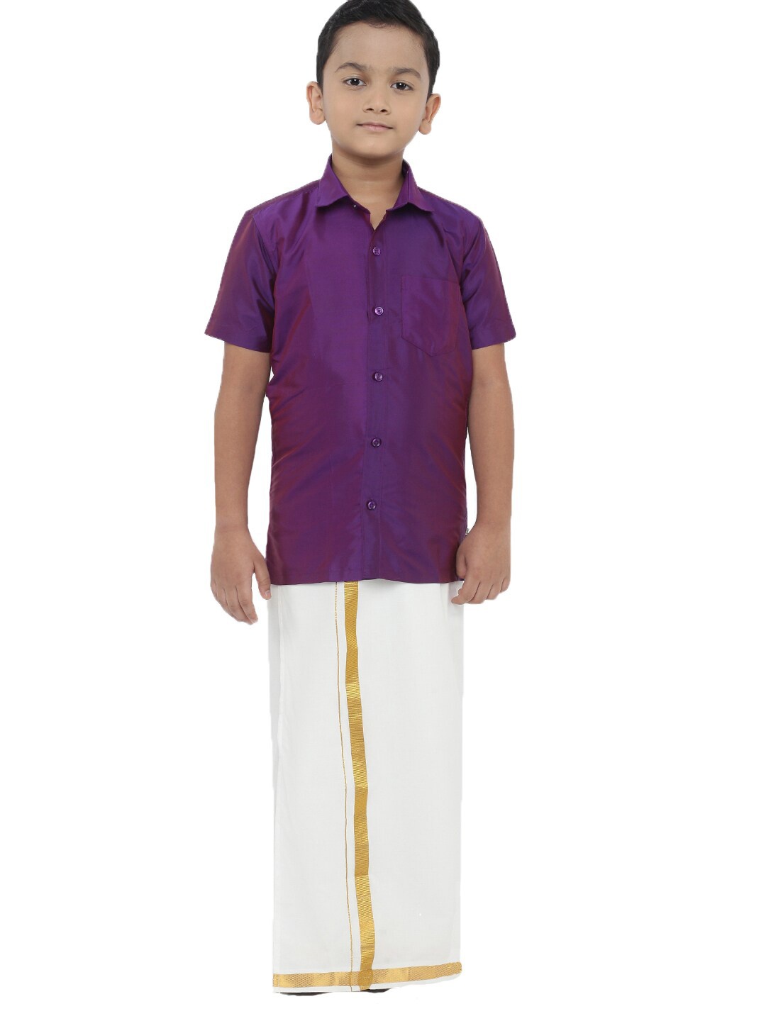 

Ramraj Boys Poly Silk Violet Ethnic Shirt with White Dhoti