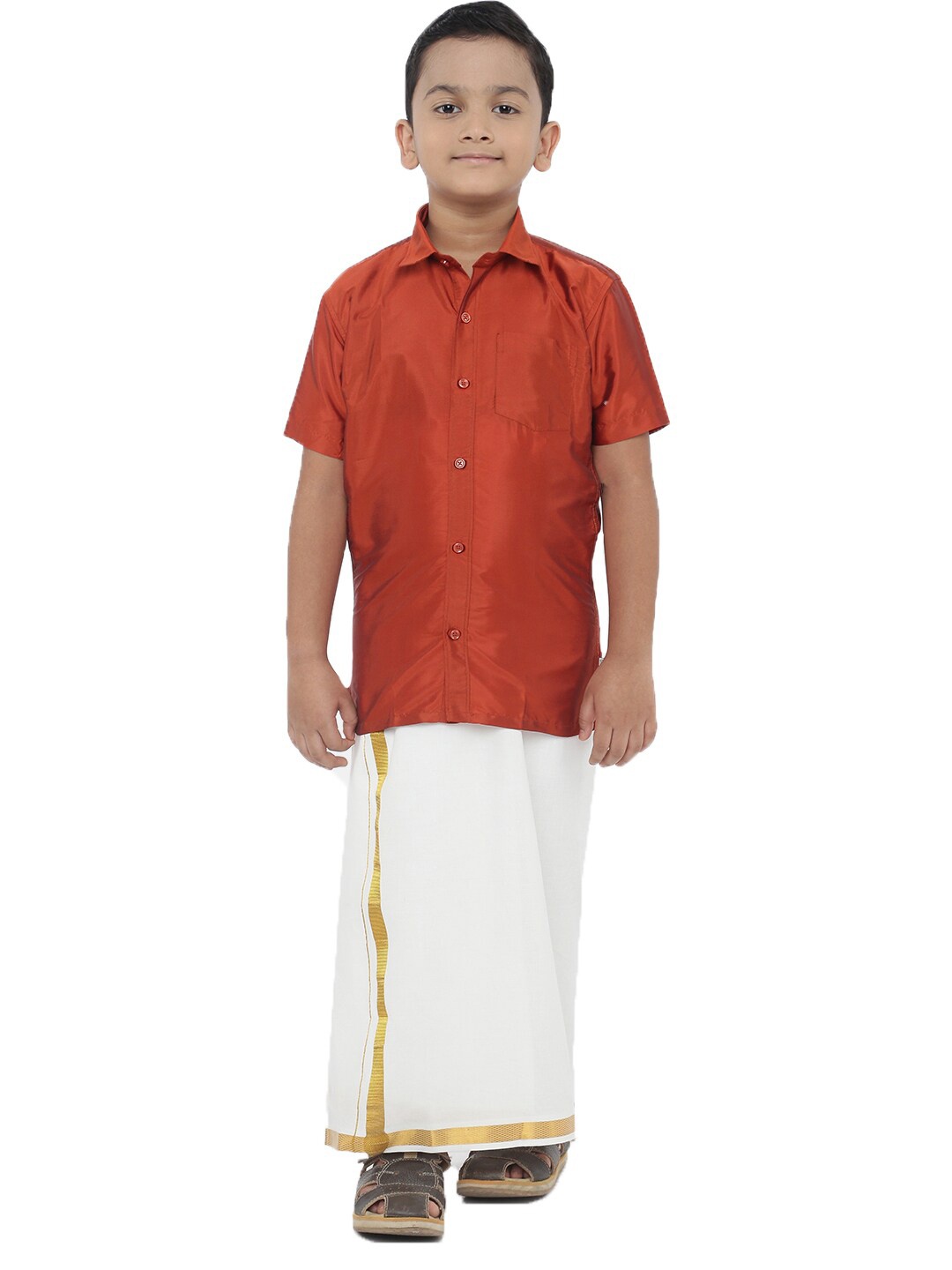 

Ramraj Boys Poly Silk Orange Ethnic Shirt with White Dhoti