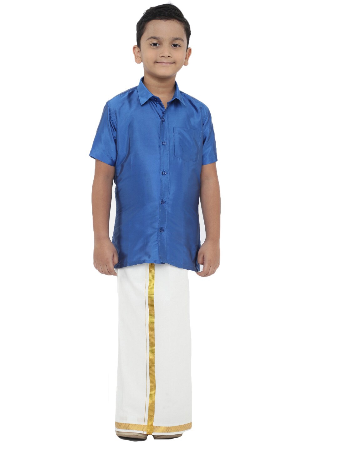

Ramraj Boys Poly Silk Blue Ethnic Shirt with White Dhoti