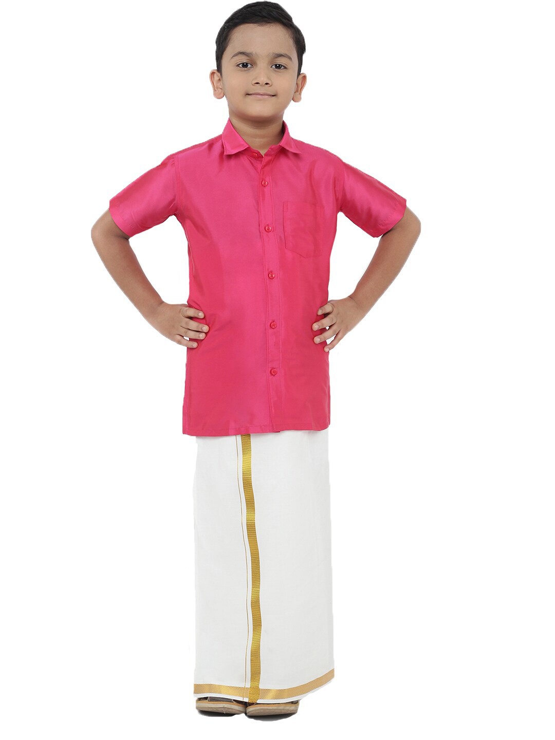 

Ramraj Boys Poly Silk Pink Ethnic Shirt with White Dhoti