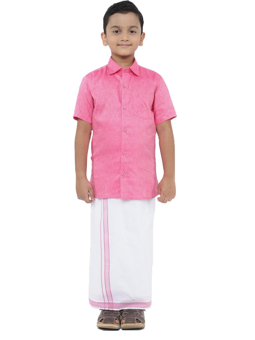 

Ramraj Boys Pure Cotton Pink Ethnic Shirt with White Dhoti