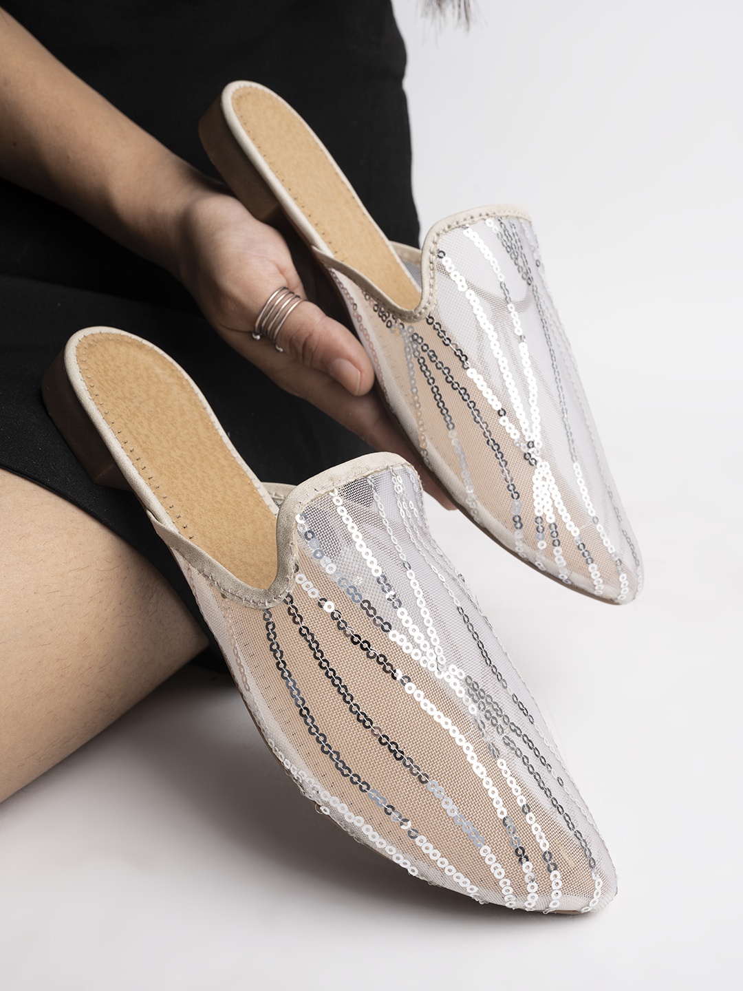 

Shoetopia Women Silver-Toned Embellished Mules Flats