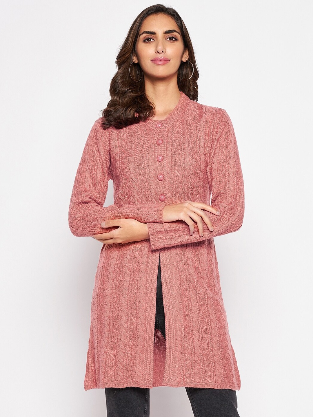 

Cantabil Women Pink Cable Knit Longline Cotton Cardigan
