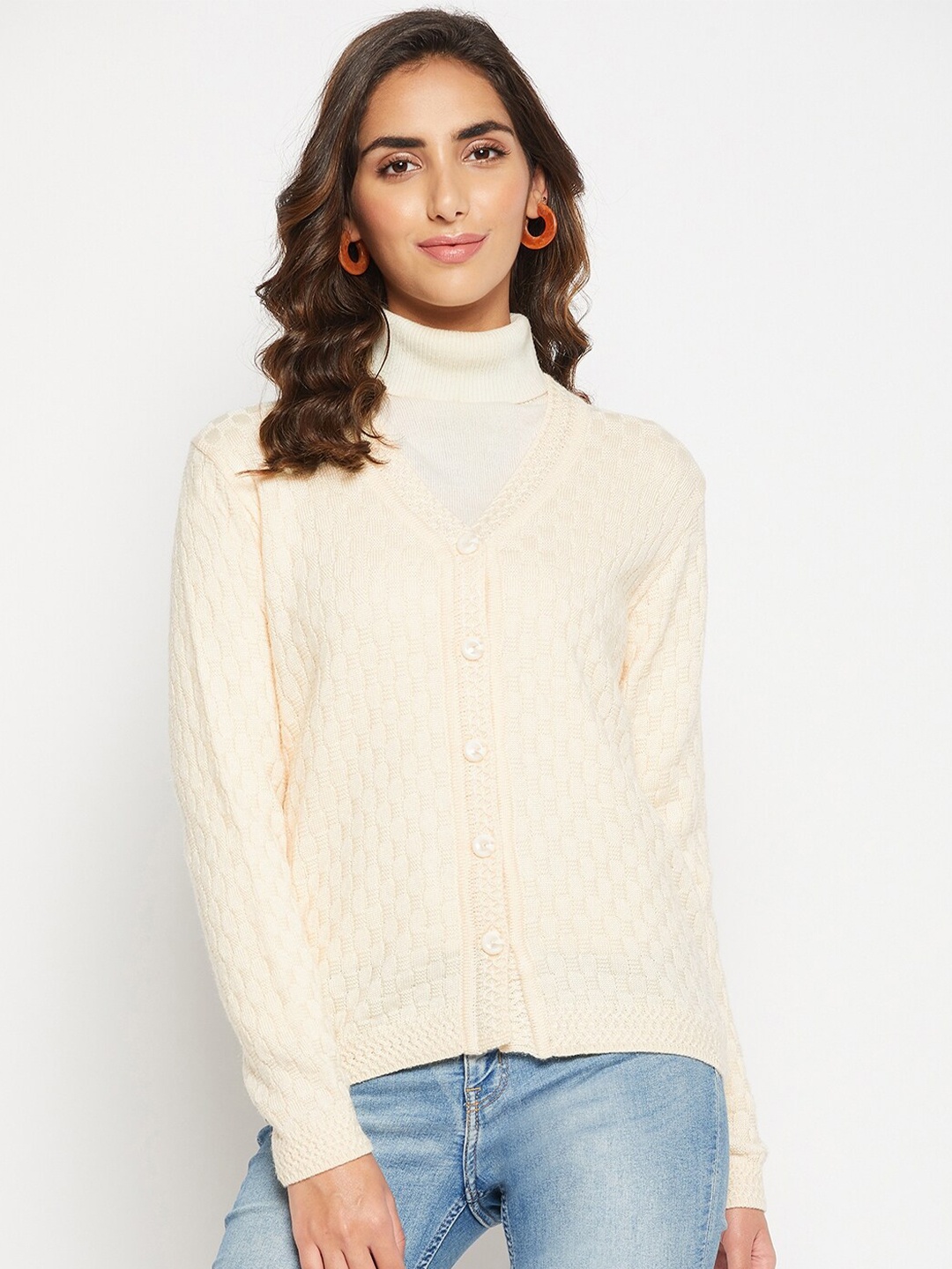 

Cantabil Women Off White Cable Knit Cotton Cardigan