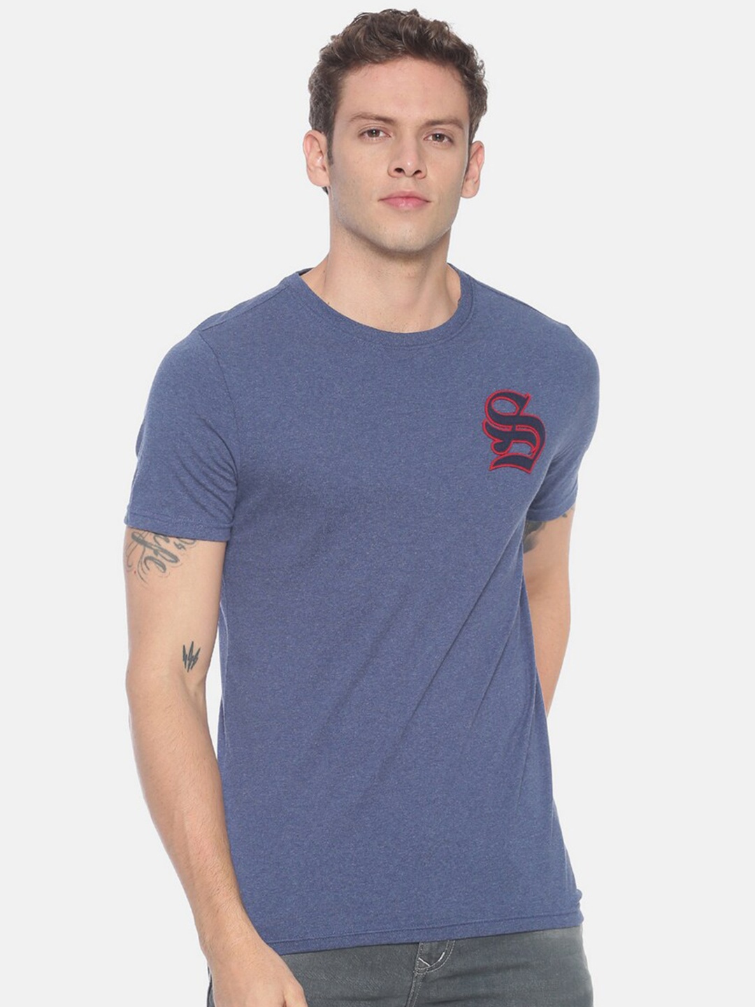 

Steenbok Men Navy Blue Applique Pure Cotton T-shirt