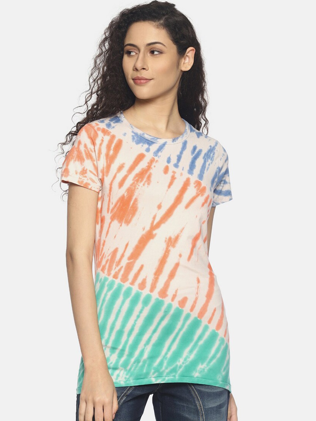 Steenbok Women Orange & Blue Tie and Dye Printed Slim Fit Cotton T-shirt