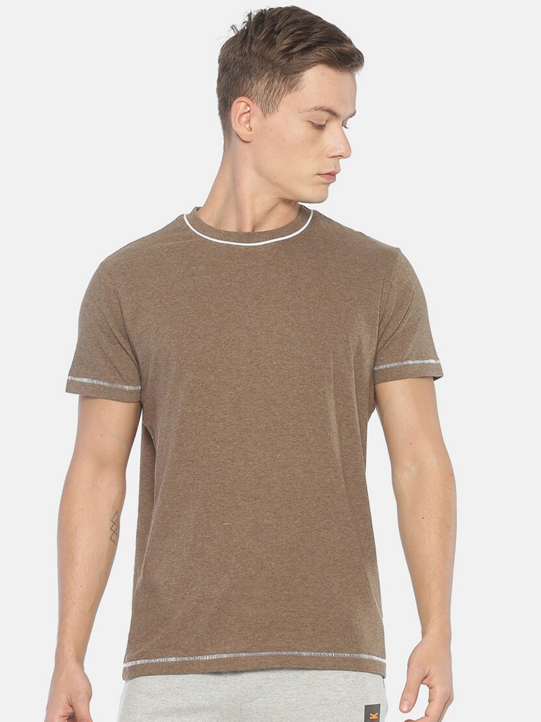 Steenbok Men Brown Solid Round Neck Pure Cotton T-shirt