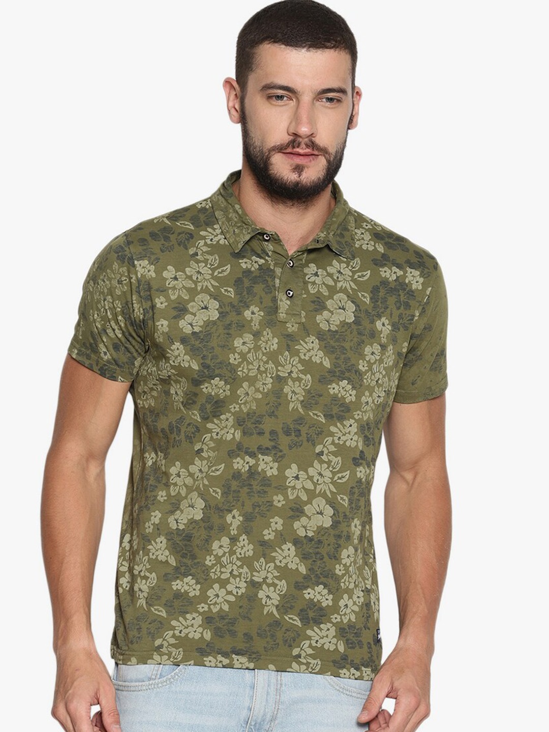 

Steenbok Men Olive Green Floral Printed Polo Collar Cotton T-shirt