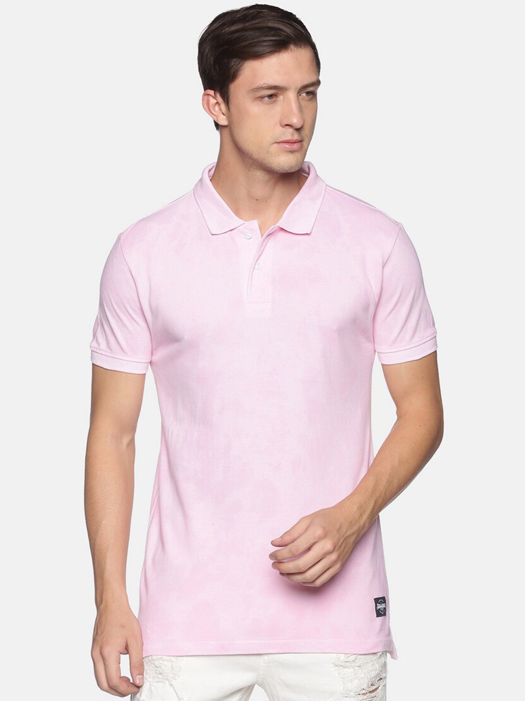 Steenbok Men Pink Solid Polo Collar Cotton T-shirt