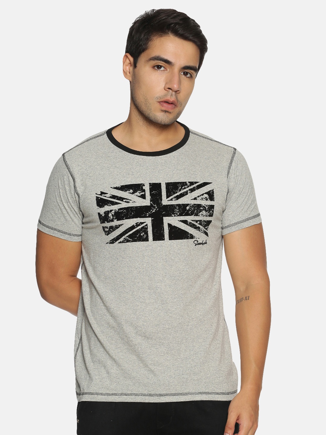 

Steenbok Men Grey & Black Printed Round Neck Pure Cotton T-shirt