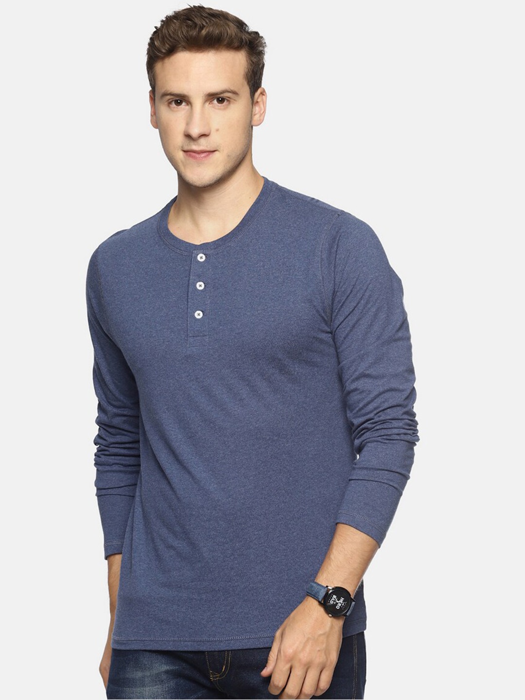 

Steenbok Men Navy Blue Henley Neck Slim Fit Cotton T-shirt