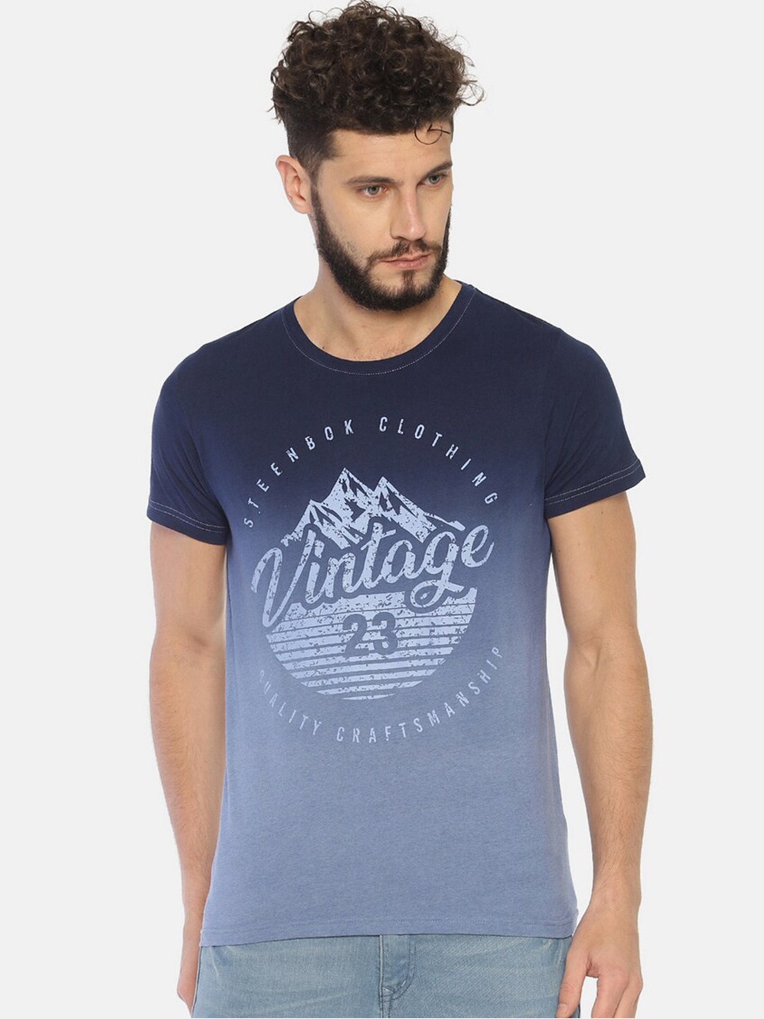 

Steenbok Men Navy Blue & White Typography Printed Slim Fit Cotton T-shirt
