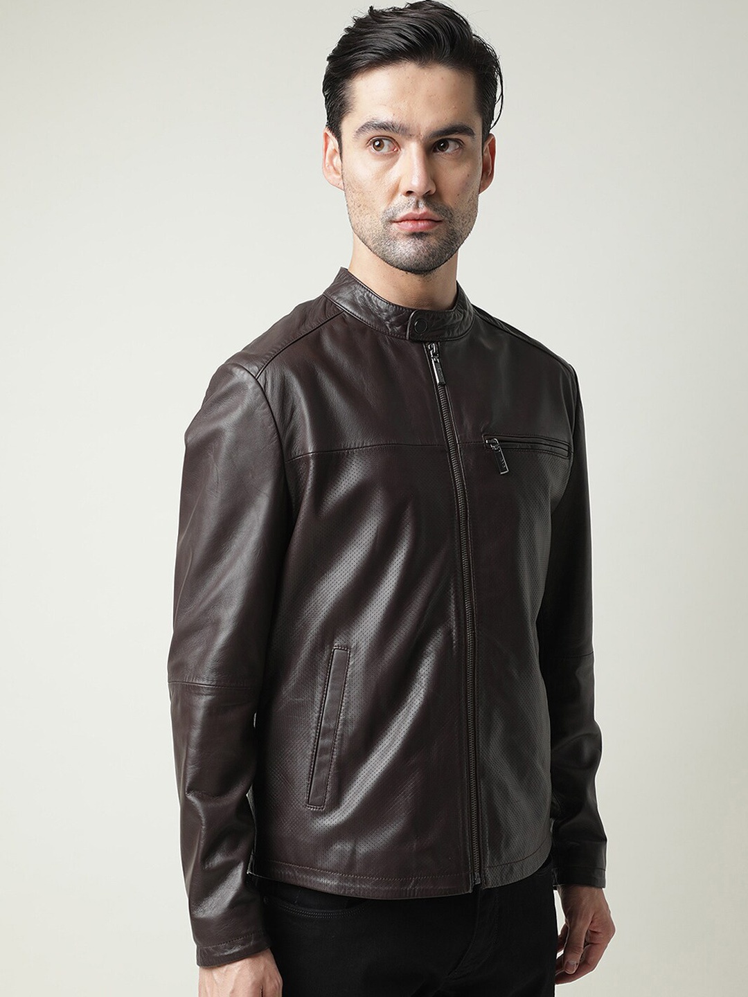 

RARE RABBIT Men Dreder Leather Biker Jacket, Brown