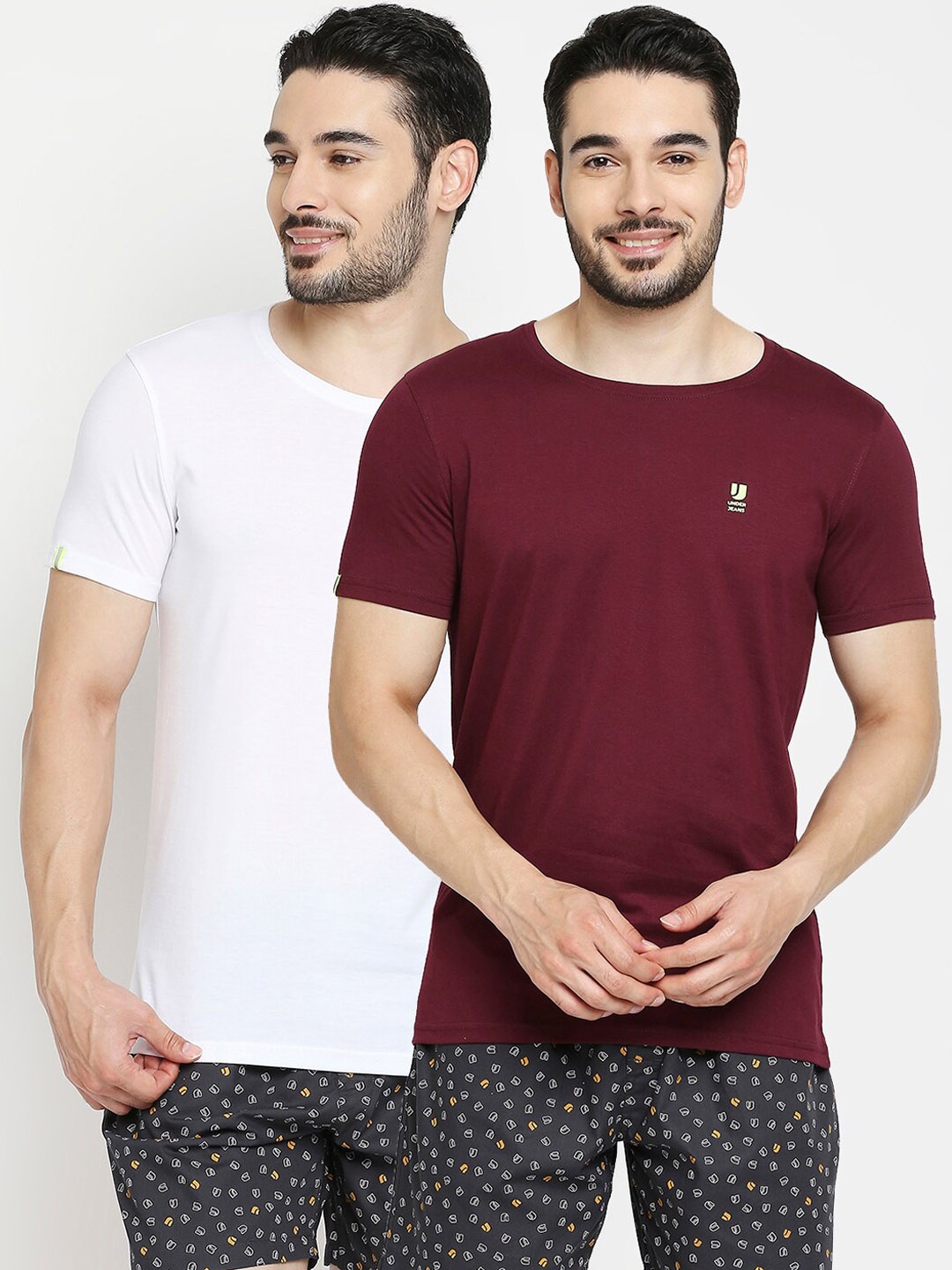 

UnderJeans by Spykar Men White & Maroon Pack Of 2 Solid Cotton Lounge Tshirts