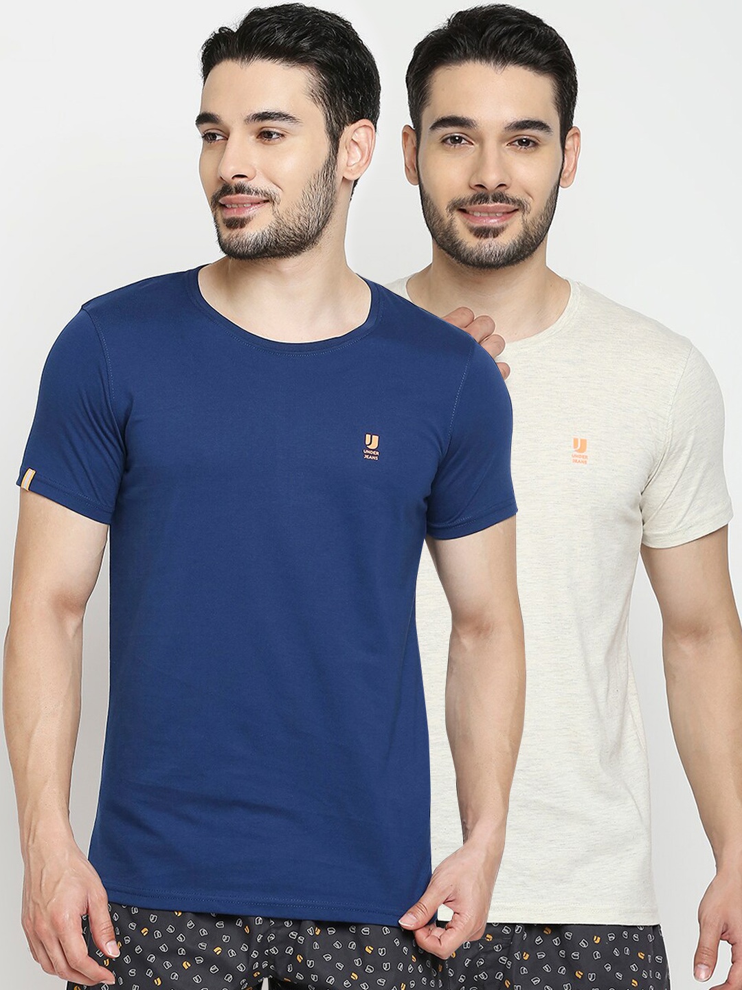 

UnderJeans by Spykar Men Navy Blue & Beige Pack of 2 Solid Cotton Lounge Tshirts