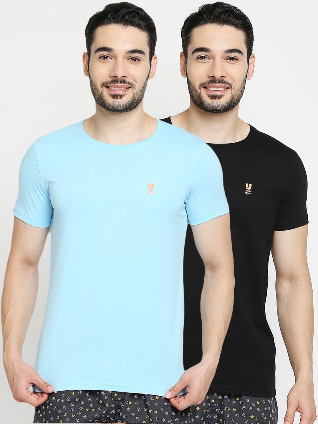 

UnderJeans by Spykar Men Pack Of 2 Black & Blue Solid Cotton Lounge T-Shirts