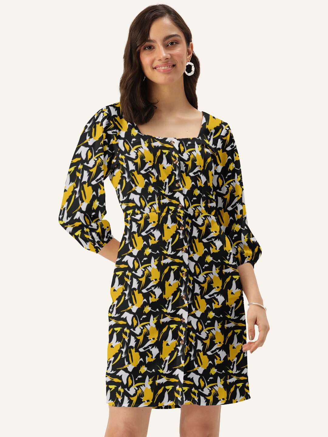 

DressBerry Abstract Printed Bell Sleeves Shirt Dress, Black