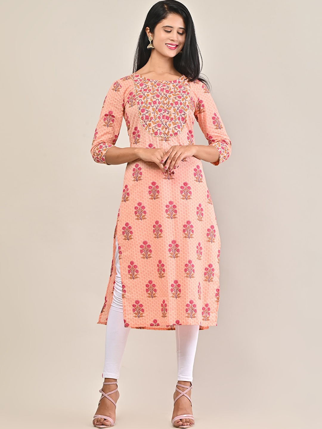 

Swasti Floral Block Printed Gotta Patti Cotton Kurta, Peach