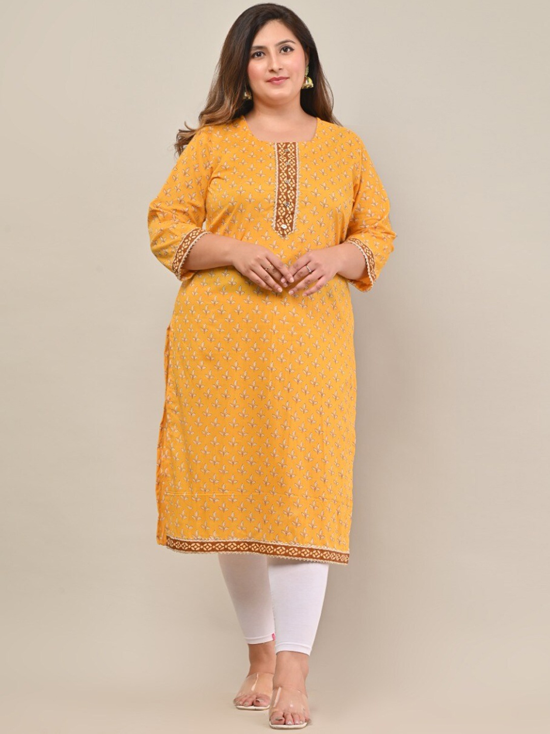 

Swasti Women Yellow Floral Yoke Design Flared Sleeves Mirror Work Floral Cotton Kurta
