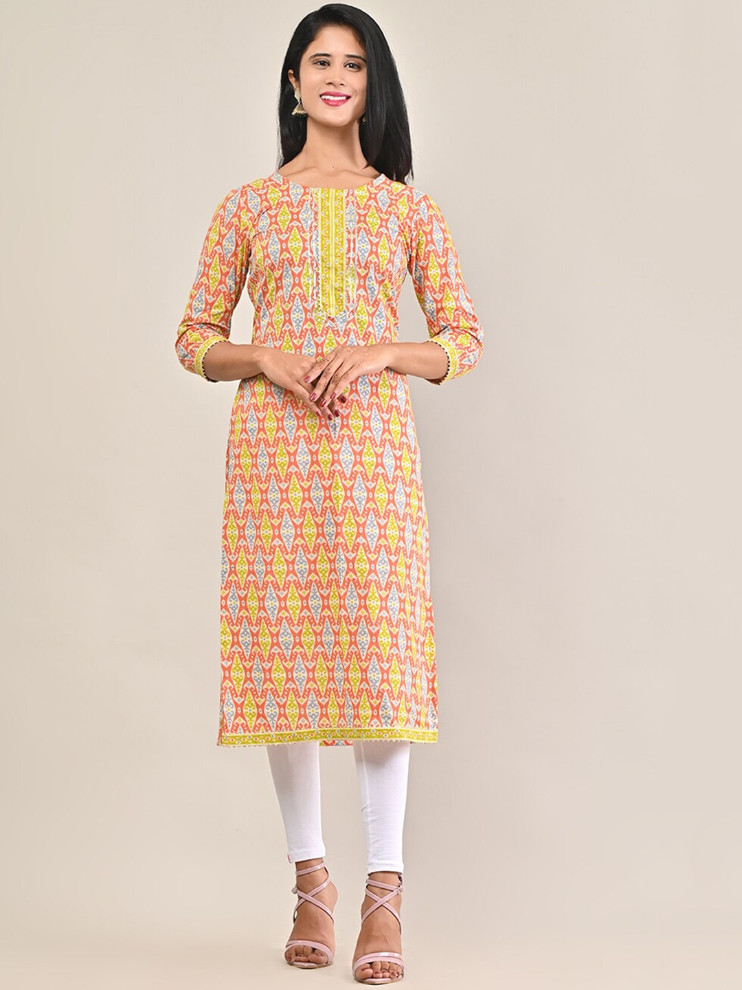 

Swasti Women Peach-Coloured Printed Pure Cotton Straight Kurta