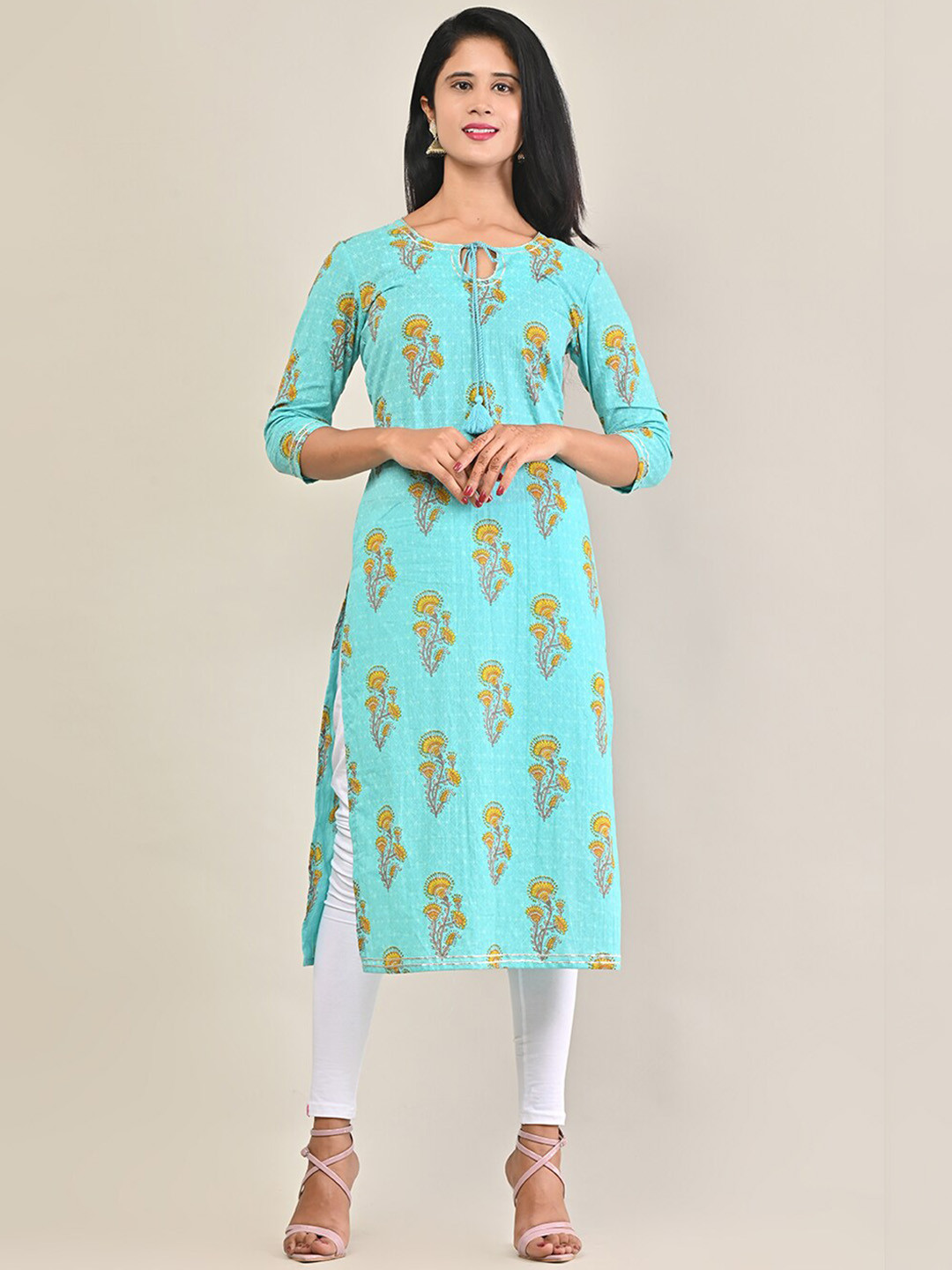 

Swasti Tie-Up Neck Ethnic Motifs Printed Pure Cotton Kurta, Turquoise blue