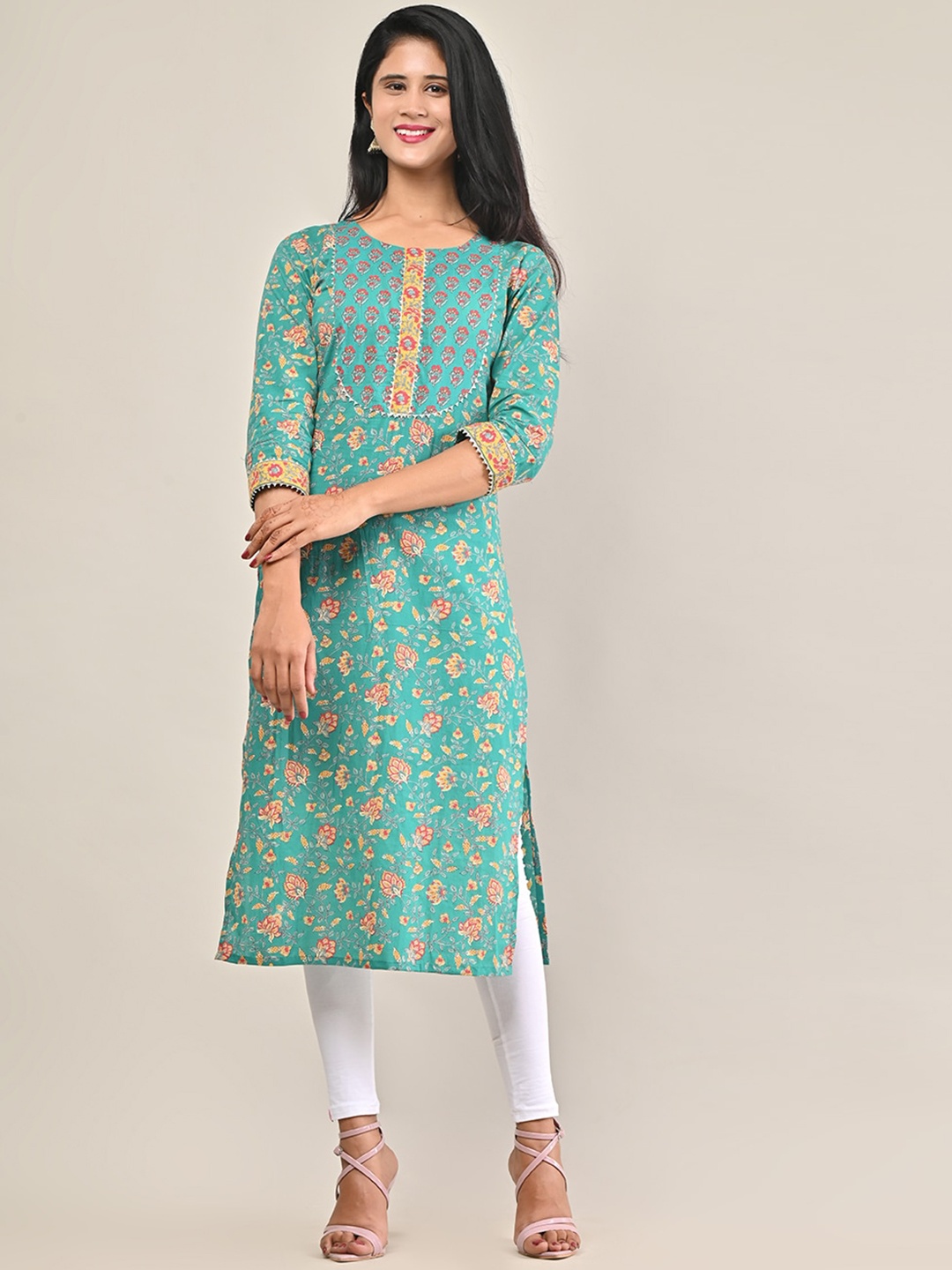 Swasti Floral Printed Cotton Kurta, Turquoise blue