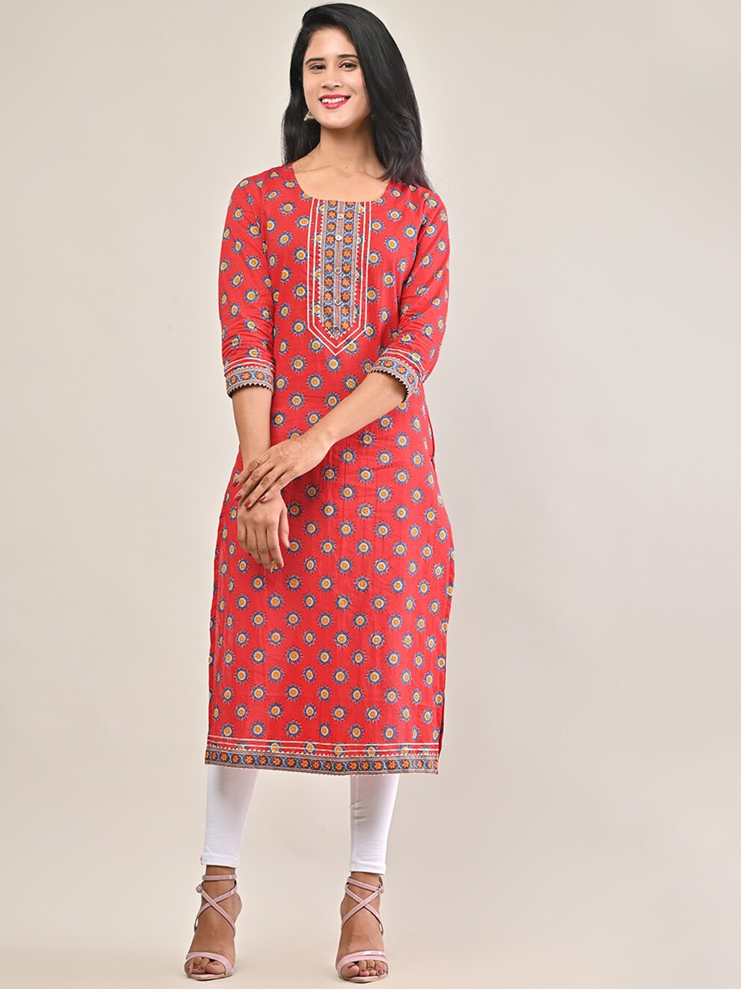 

Swasti Women Red Ethnic Motifs Printed Straight Fit Pure Cotton Kurta