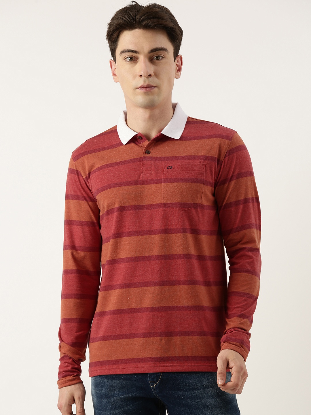 

Peter England Men Striped Polo Collar T-shirt, Red