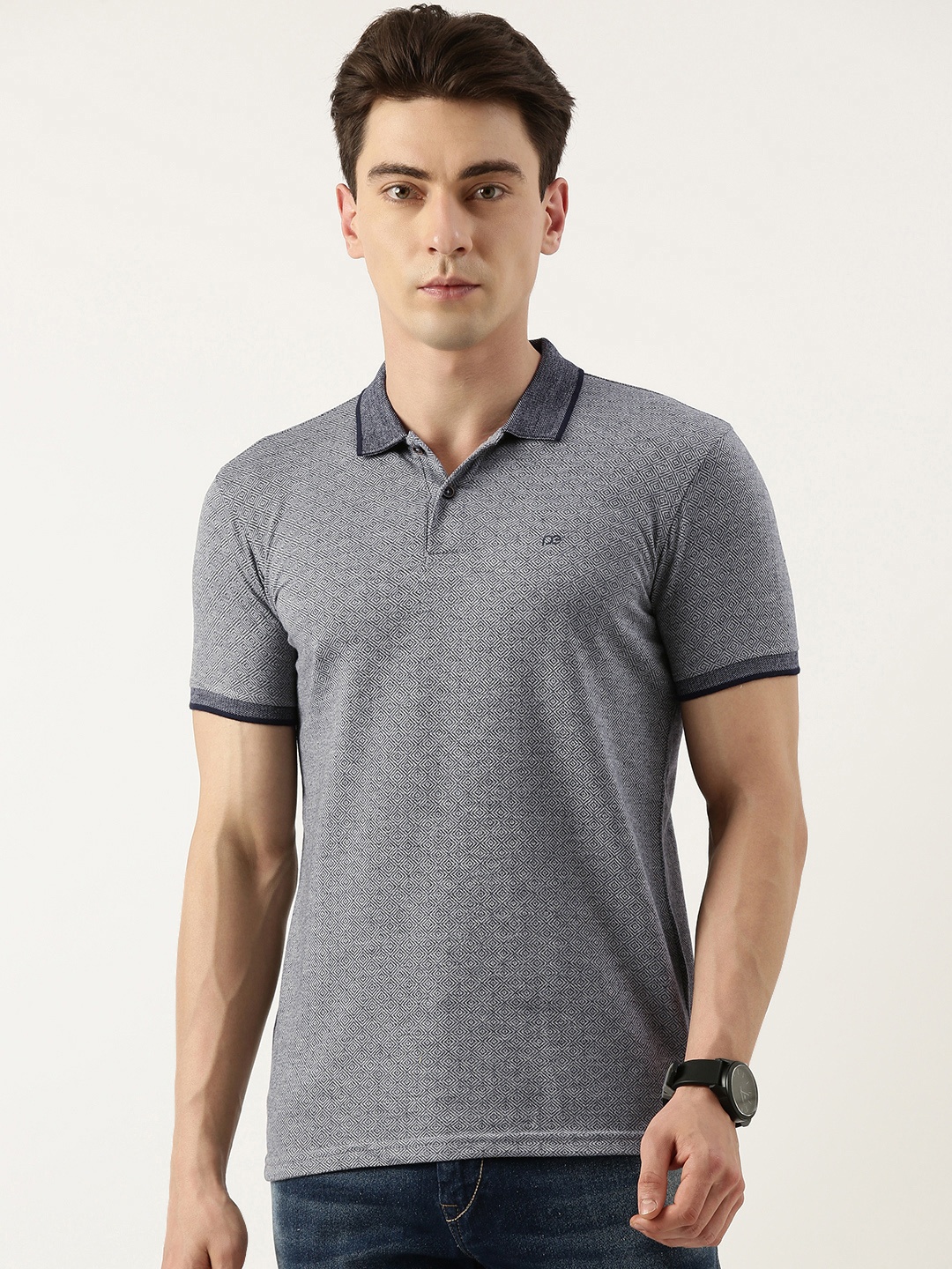 

Peter England Men Self Design Polo Collar Slim Fit T-shirt, Grey