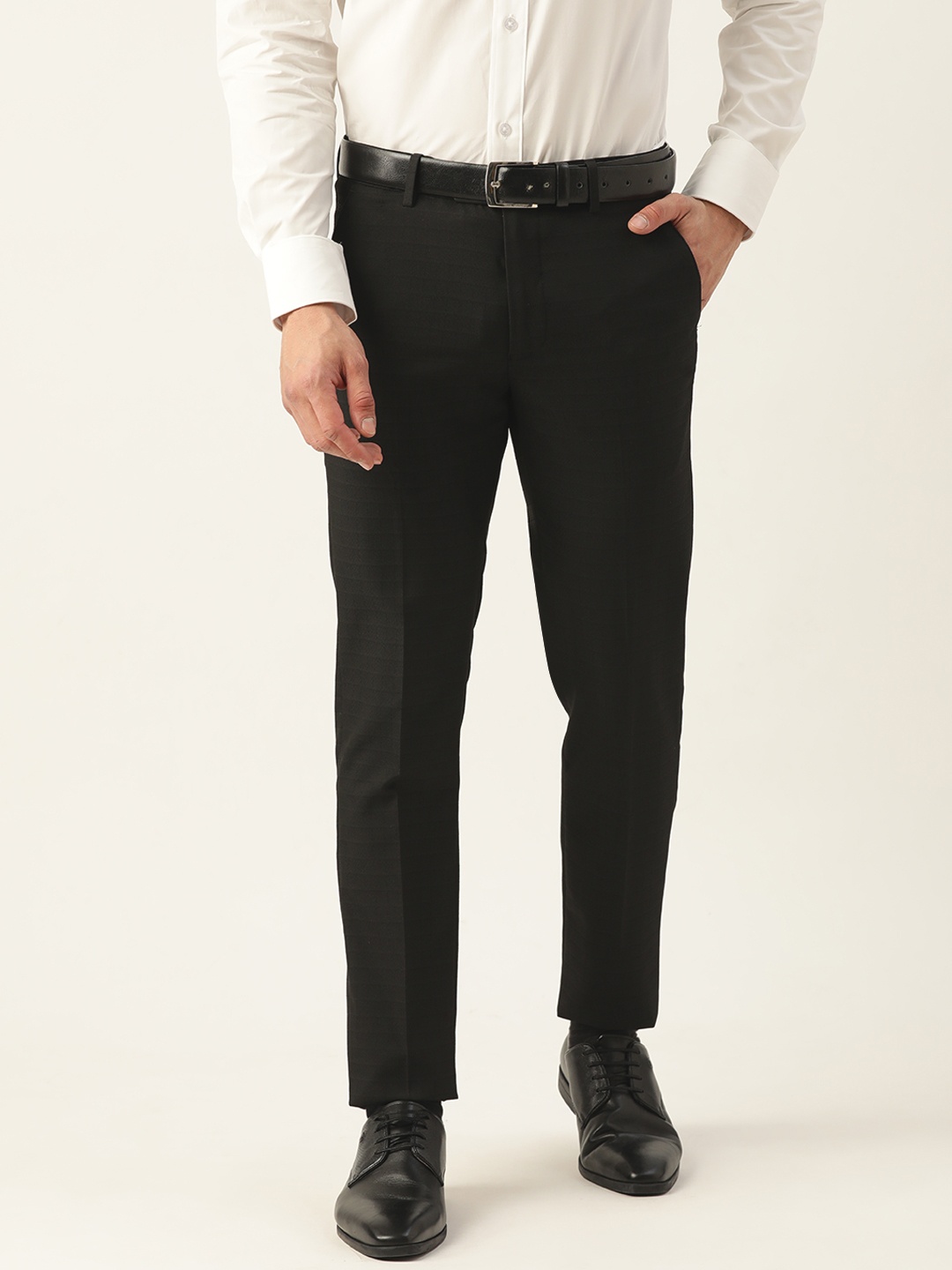 

Peter England Men Textured Ultra Slim Fit Trousers, Black