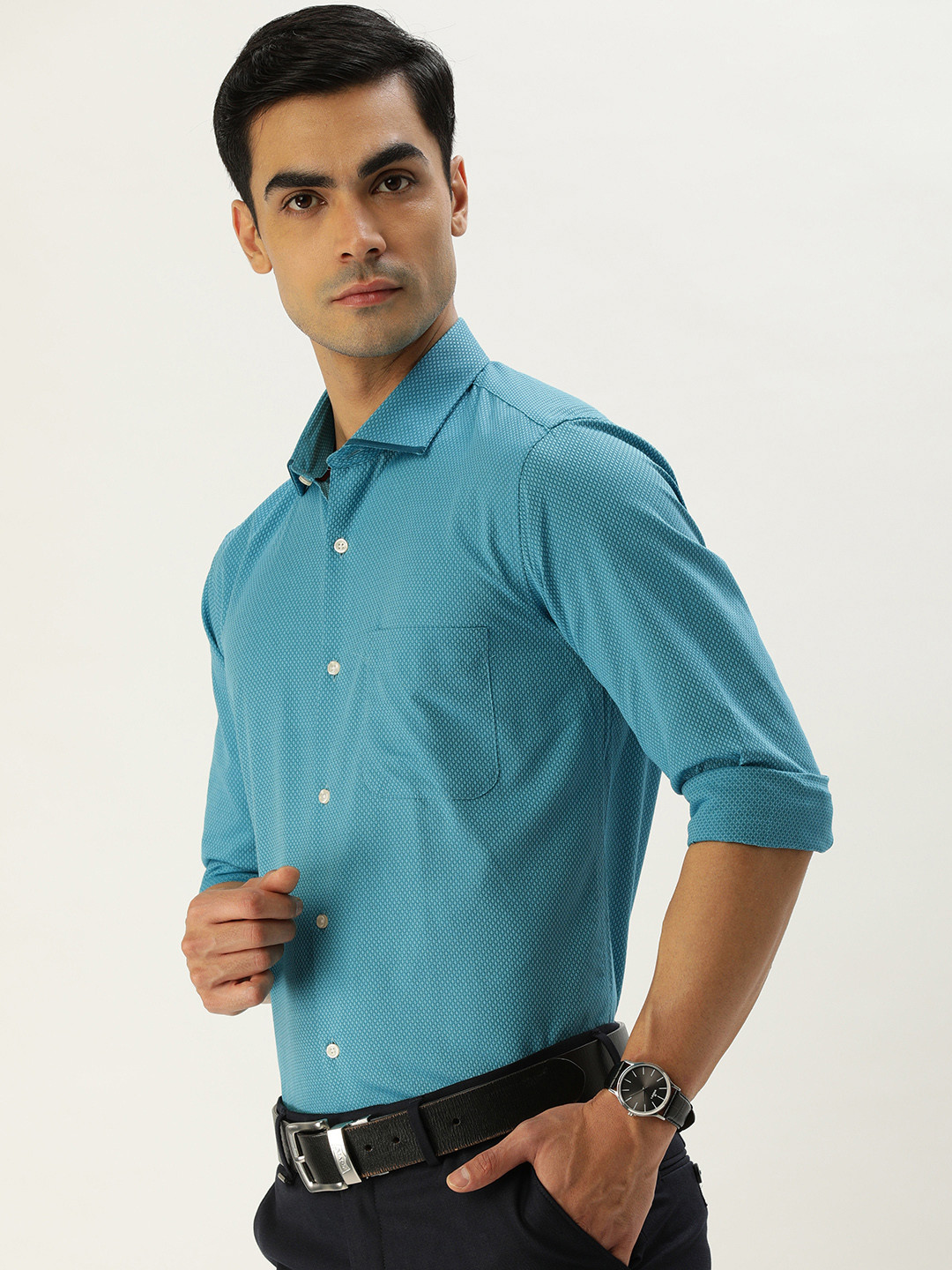 

Peter England Men Self Design Slim Fit Formal Shirt, Teal