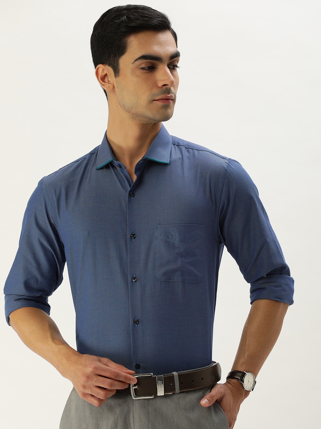

Peter England Men Self Design Slim Fit Formal Shirt, Blue