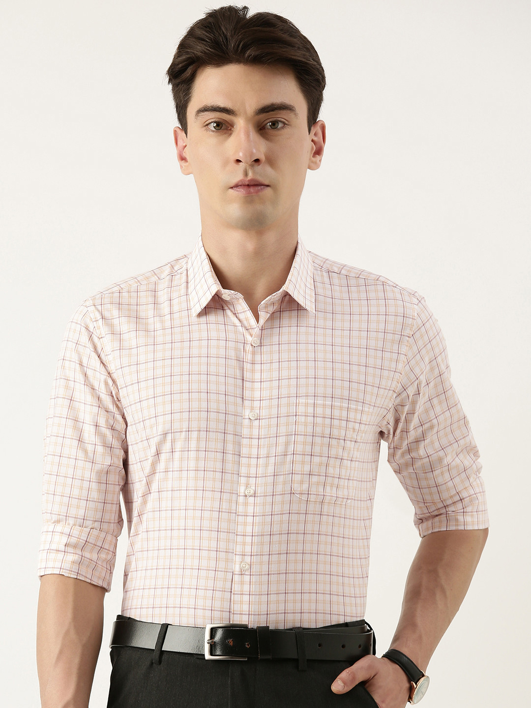 

Peter England Men Slim Fit Checked Formal Shirt, Pink