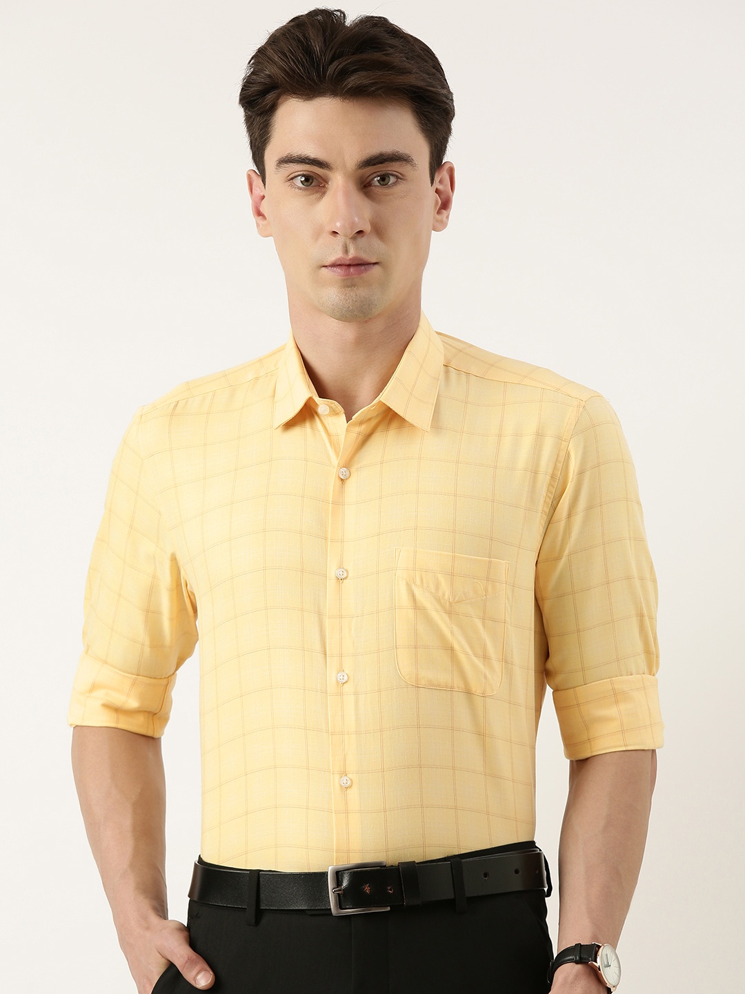 

Peter England Men Checked Spread Collar Formal Shirt, Yellow