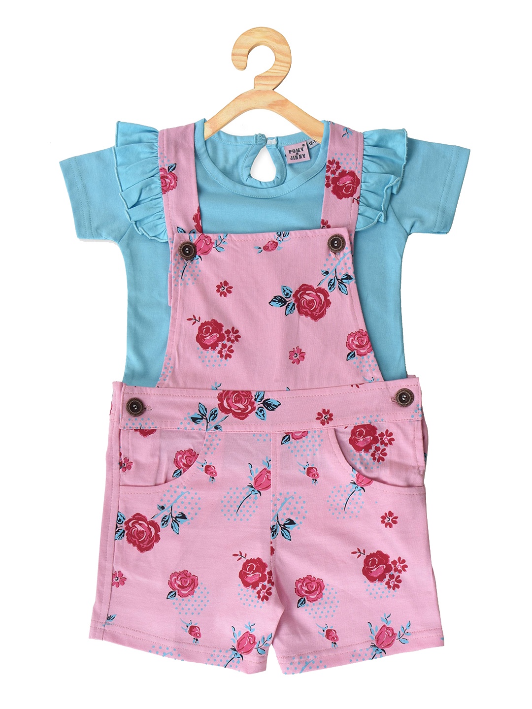 

POMY & JINNY Girls Pink Floral Printed Dungree Cotton Top