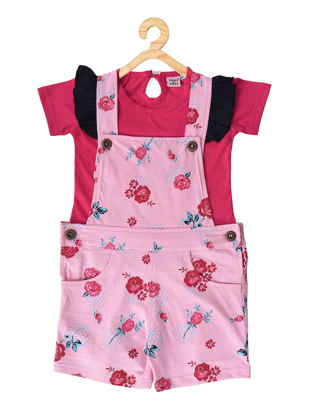 

POMY & JINNY Girls Pink & Blue Printed Cotton Slim-Fit Dungarees With T-Shirt