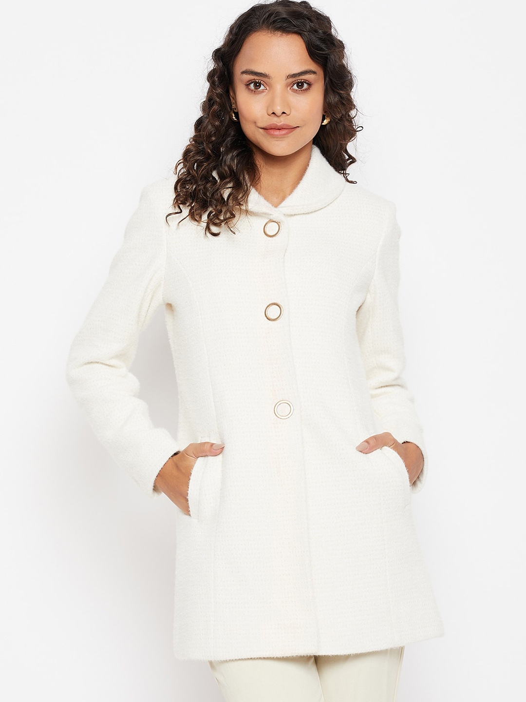 

Duke Women White Solid Woolen OverCoat