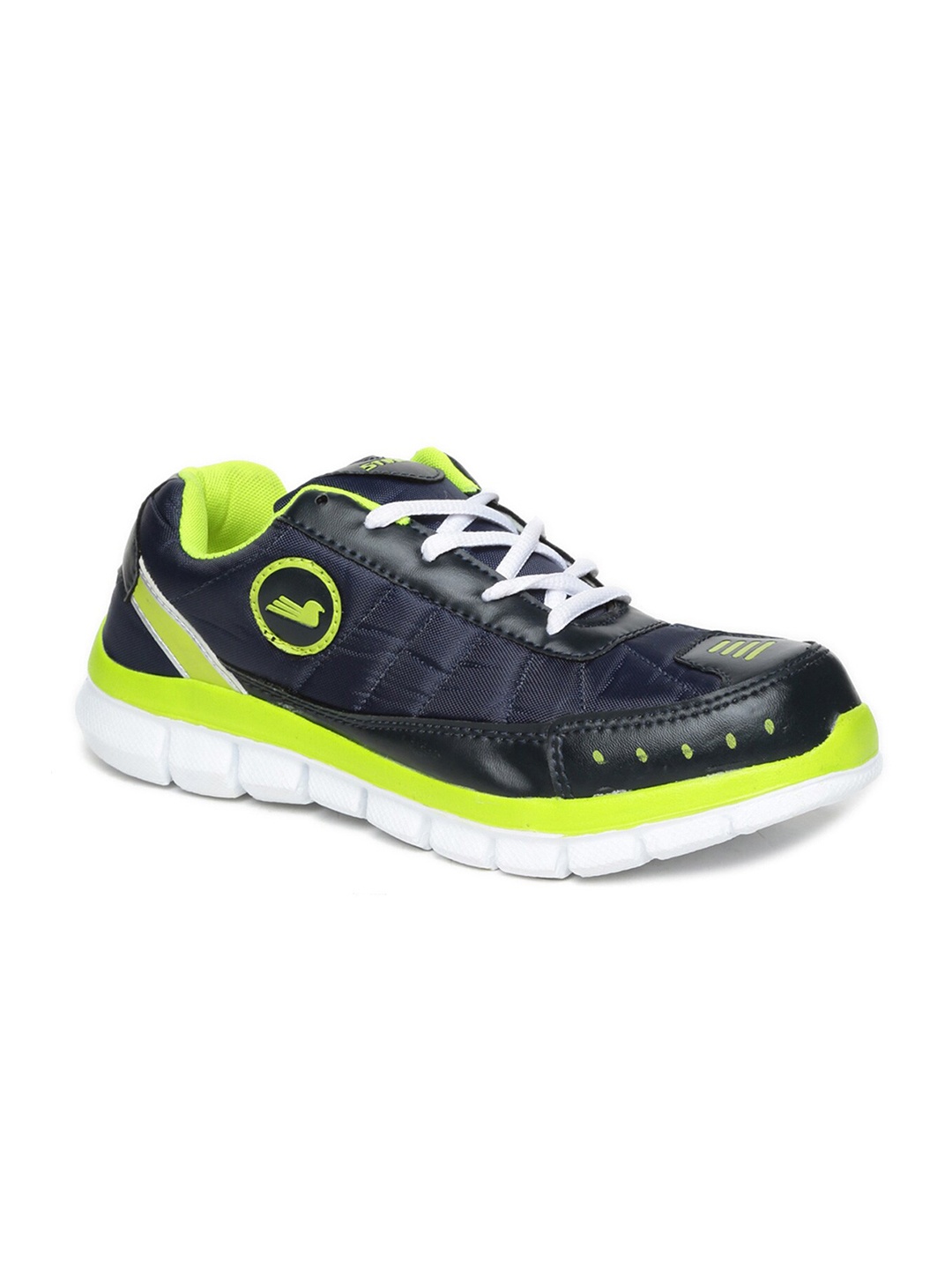

Paragon Men Navy Blue & Fluorescent Green Mesh Running Non-Marking Shoes